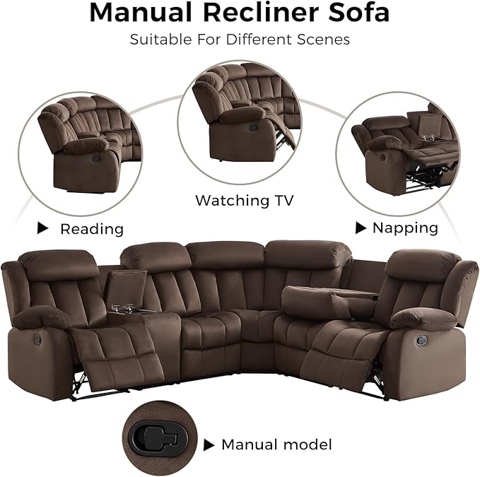 EBELLO Manual Reclining L-Shaped Sectional Sofa Set, Soft Fabric Corner Couch with Center Console, Cup Holders and Storage – Perfect Living Room Home Set Furniture