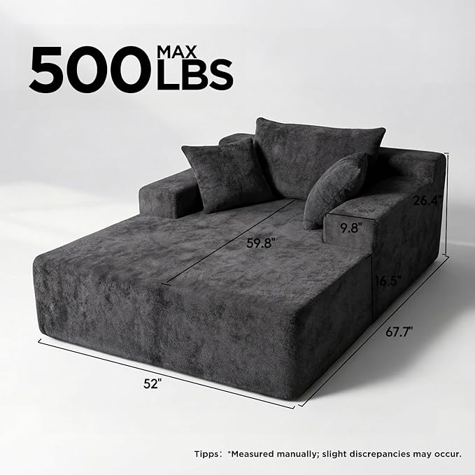 Sytopia Chaise Lounge with Armrests, Oversized Sofa Bed with 3 Pillows, Cozy Boneless Couch, Sleeper Reading Chair for Living Room Bedroom, Floor Sofa Chenille, Furniture Sala, Black Onyx