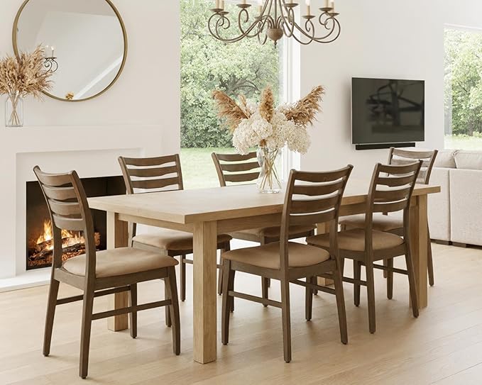 HNY Modern Farmhouse Dining Chairs Set of 6, Brown Leather Upholstered Seat Kitchen Chairs, Rustic Industrial Armless Side Chairs with Walnut Wooden Frame for Dining Living Room Restaurant