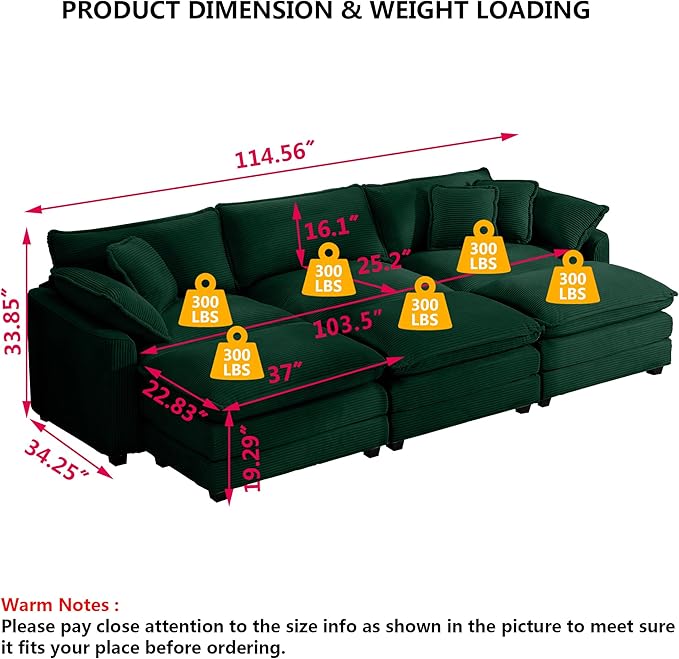 Aoowow Corduroy 3 Seater Sleeper Couch with Ottomans,Large Cloud Couches for Living Room,Oversized Modular Sectional Cloud Sofas Deep Seat,Tufted Chaise Lounge Sofa (Green, 3 Seater + 3 Ottoman)