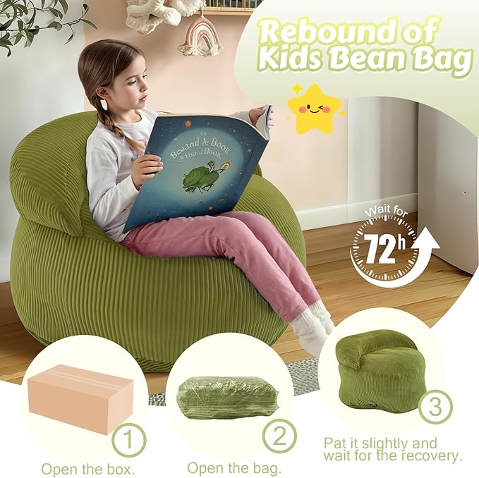 COMAX Bean Bag Chair for Kids, Convertible Toddler Beanbag Bed Corduroy, Children Bean Chair Stuffed to Floor Mattress with Filler, Light Green