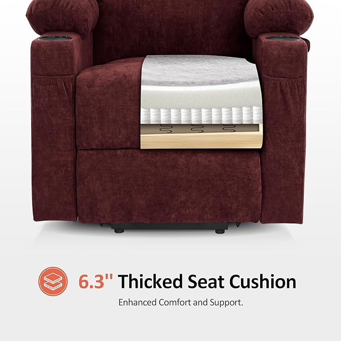 MCombo Small Power Lift Recliner Chair Sofa with Massage and Heat for Petite Elderly, 3 Positions, Cup Holders, and USB Ports, Extended Footrest, Fabric 7141 (Sangria)