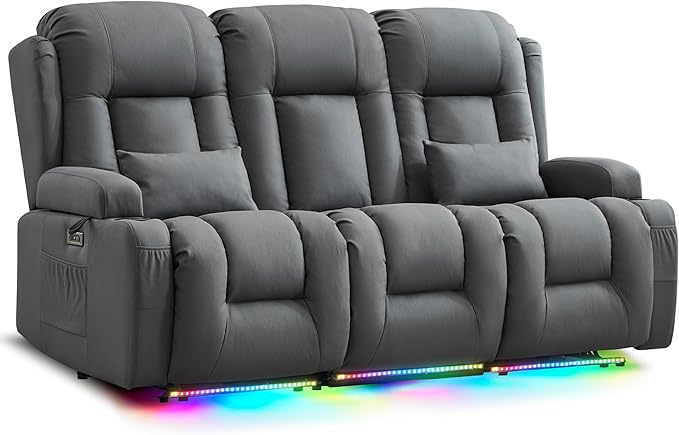 URRED Loveseat Recliner Sofa with Massage and Heat, Flip Middle Backrest Design 3 Seat Power Reclining RV Sofa Couch, Home Theater Seating with LED Lights, USB Ports, Outlets, Leathaire Blue