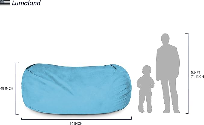 Lumaland Luxurious Giant 7ft Bean Bag Chair with Microsuede Cover - Ultra Soft, Foam Filling, Washable XXL Bean Bag Sofa for Kids, Teenagers, Adults - Sack Chair for Dorm, Family Room - Light Blue