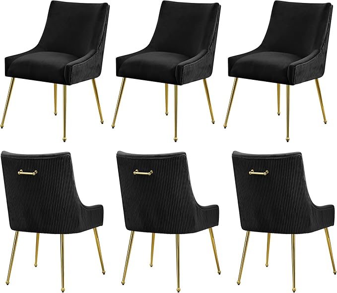 WUTUTUEE Velvet Dining Chairs Set of 6 Gold Legs,Upholstered Velvet Accent Chairs, Pleated Back Design & Gold Pull Handle, Mid Century Modern Chairs for Dining/Kitchen/Living Room,Black