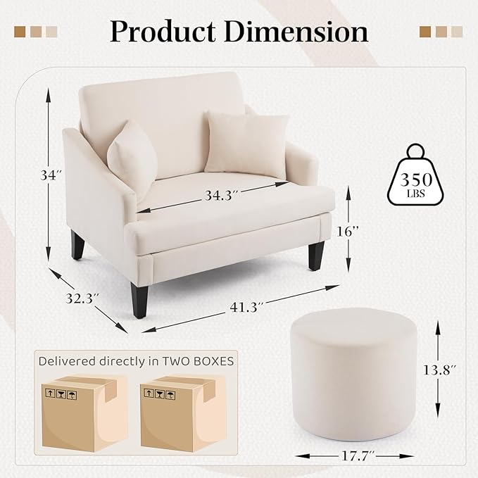 Bezseller Oversized Accent Chair with Ottoman - 33.5'' Wide Seat Comfy Armchair with 2 Pillows, Upholstered Big Reading Chair, Modern Single Sofa Chair for Living Room Bedroom Office, Beige/White