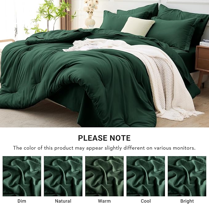 MUXHOMO 7 Pieces Queen Comforter Set, Soft Bed in a Bag Queen Size, All Season Bedding Set with Comforter, Flat Sheet, Fitted Sheet, Pillowcases & Shams, Dark Emerald Green