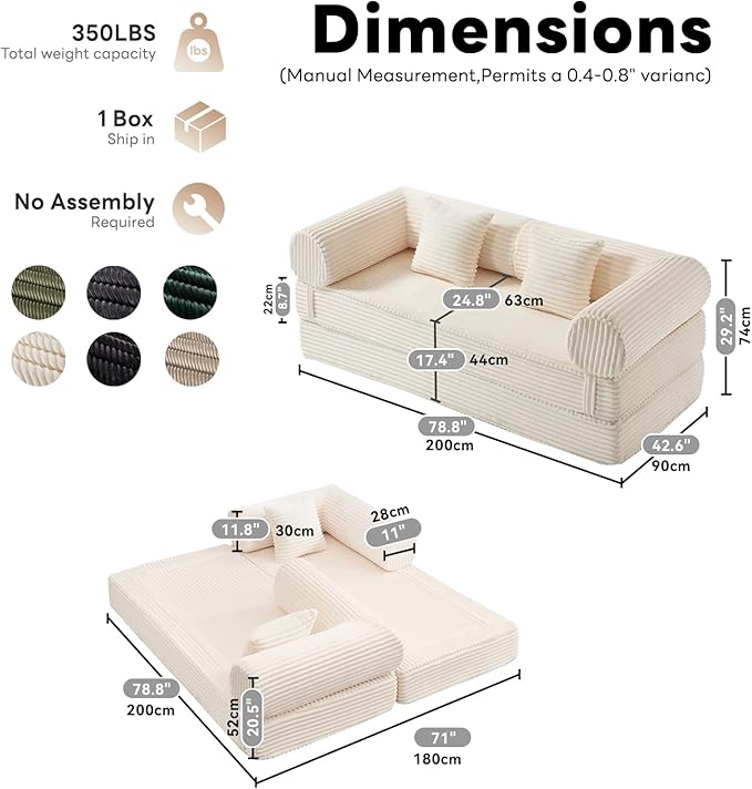Tbfit 79'' Convertible Sofa Bed, Oversized Corduroy Folding Boneless Couch, Futon Mattress Sleeper Sofa, Comfy Foldable Upholstered Floor Couches for Living Room, Beige