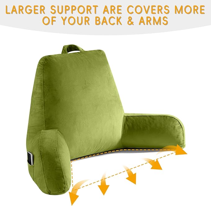 OAISZ Reading Pillow for Sitting in Bed Adult, X-Large Reading Pillow with Shredded Memory Foam, Back Pillow for Sitting Up with Extend Arms, Pockets, Bed Pillow with Washable Cover, FluorescentGreen