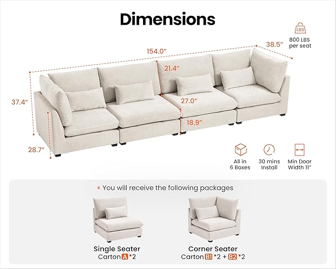 Oversized Modular Sofa, Extra Deep Cloud Chenille Sectional Couch with Ottoman Chaise, Fluffy Chenille 4 Seater Sofa for Living Room, Villa (Basic 4 Seater, Chenille White)