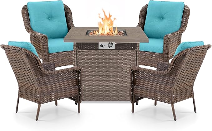 ACTREST Outdoor Patio Chairs with Fire Pit Table 5 Piece Set - High Back Brown Wicker Rattan Lawn Chair with Thick Cushion for Porch Apartment Deck Yard Poolside Garden - Turquoise