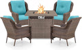 ACTREST Outdoor Patio Chairs with Fire Pit Table 5 Piece Set - High Back Brown Wicker Rattan Lawn Chair with Thick Cushion for Porch Apartment Deck Yard Poolside Garden - Turquoise