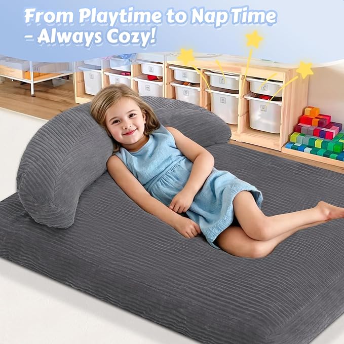 COMAX Bean Bag Chair for Kids, Convertible Toddler Beanbag Bed Corduroy, Children Bean Chair Stuffed to Floor Mattress with Filler, Grey