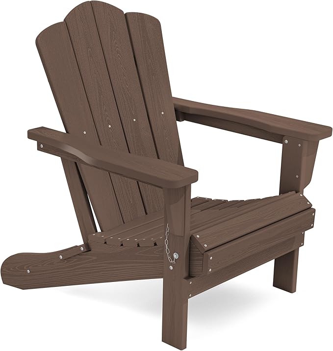 KINGYES Folding Adirondack Chair, HDPE All-Weather Patio Chairs, Wooden Textured Lawn Chair for Poolside, Backyard, Deck, Fire Pit, Brown