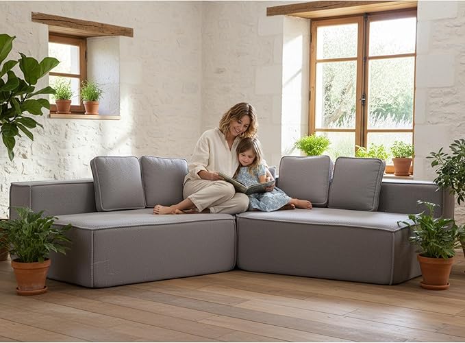 KEIKI 132" Modular Sectional Sofa Oversized Teddy Fabric Full Foam Comfort Space Saving Deep Seat Couch for Small Apartments Flexible Layout Lounging Napping Study Areas Cozy Modern Setup