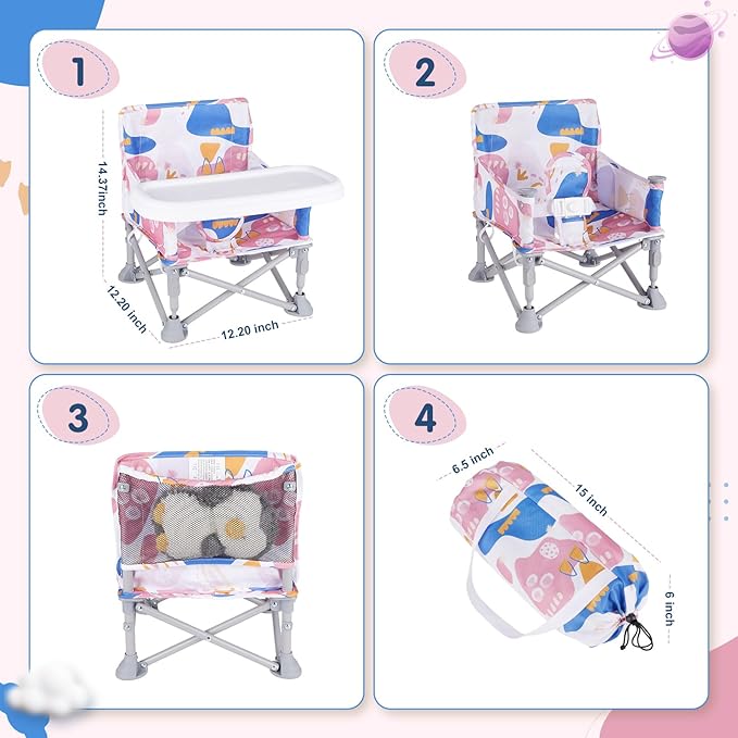 Furmubei Portable Baby Booster Seat with Tray, Toddler Booster seat for Dining, Camping, Travel, Baby Beach Chair 6 Months to 3 Years Old Indoor Outdoor Use CH2408