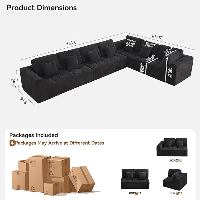 170''Modular Sectional Couches for Living Room, Cloud Boneless Compressed Sectional Sofa, Oversized L Shaped 7 Seater Upholstered Memory Foam Sofa, No Assembly, Chenille Black