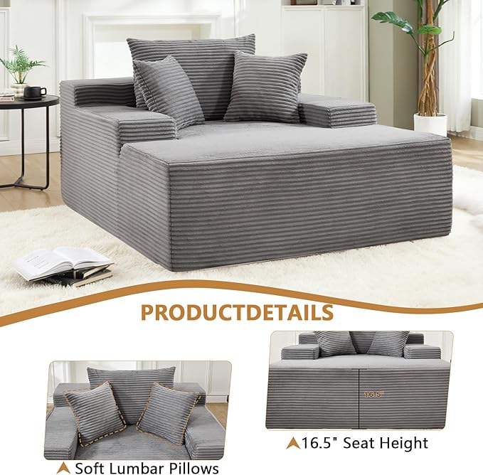 67.3'' Oversized Chaise Lounge Chair Indoor,Corduroy Boneless Couch with 3 Pillows Wide Armrest,Comfy Cloud Couch Sleeper Sofa Reading Chairs for Living Room Bedroom,No Assembly Required (Grey)