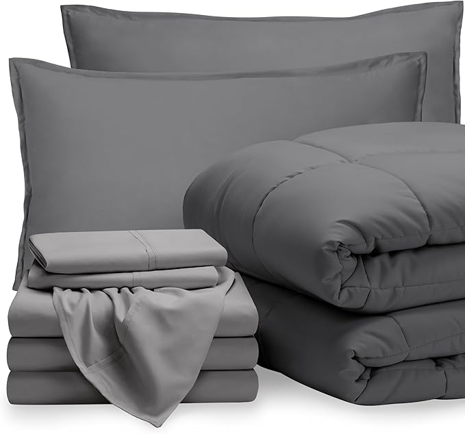 Bare Home Bed-in-A-Bag 8 Piece Comforter & Sheet Set - Split King - Goose Down Alternative - Ultra-Soft 1800 Premium Bedding Set (Split King, Grey/Light Grey)