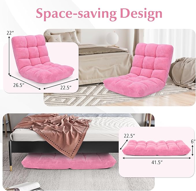 ARLIME Adjustable Floor Chair, 14-Position Lazy Sofa Chair with Back Support & Thick Padding, Portable Foldable Floor Couch for Adults, Kids, Use in Bedroom, Living Room, Home Theater (Pink)