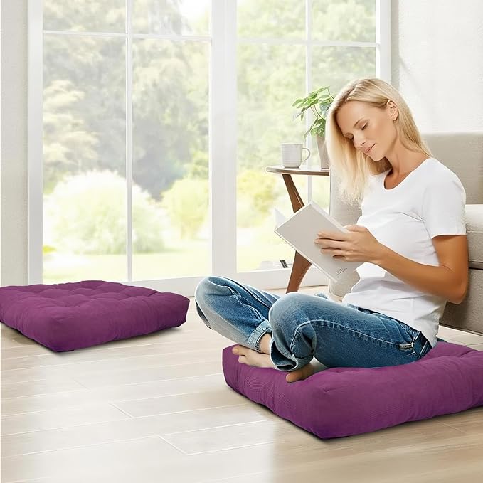 Meditation Floor Pillow Set of 2, Square Large Pillows Seating for Adults, Tufted Corduroy Cushion for Tatami Living Room, 22x22 Inch FP-Purple