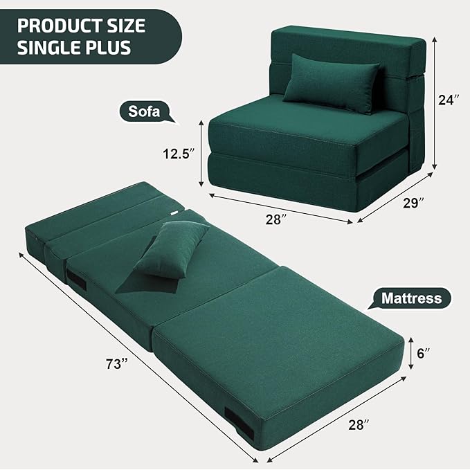 Folding Sofa Bed with Pillow- Convertible Chair Floor Couch & Sleeping Mattress, Foldable Memory Foam Sleeper for Living Room/Dorm/Guest Room/Home Office/Apartment/Loft, Single28, Dark Green