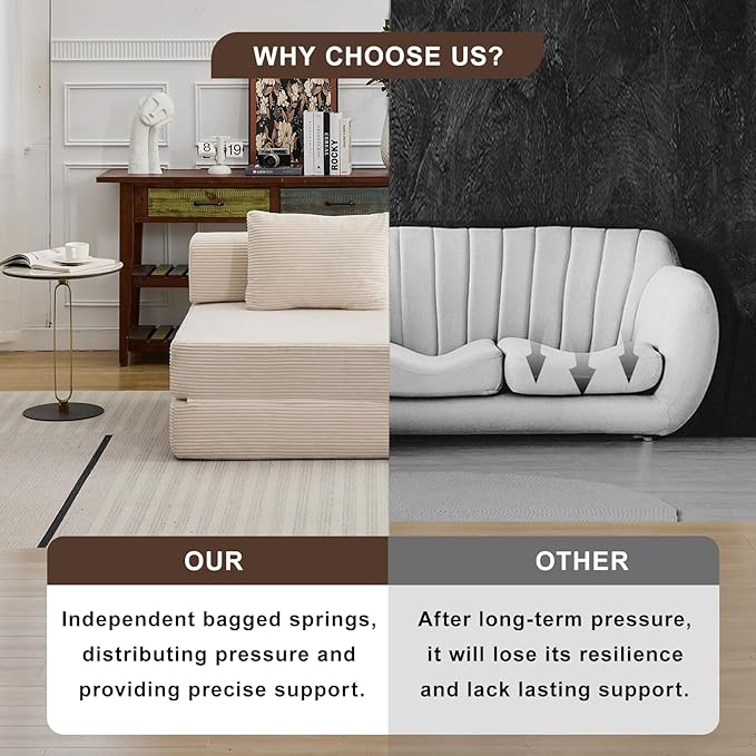 Folding Sofa Bed, Convertible Sleeper Chair with Pillow, Single Sofa with Back Support, Portable Fold Out Chair Cloud Couch Bed, Comfy Floor Sofa Lounge for Living Room Bedroom, White