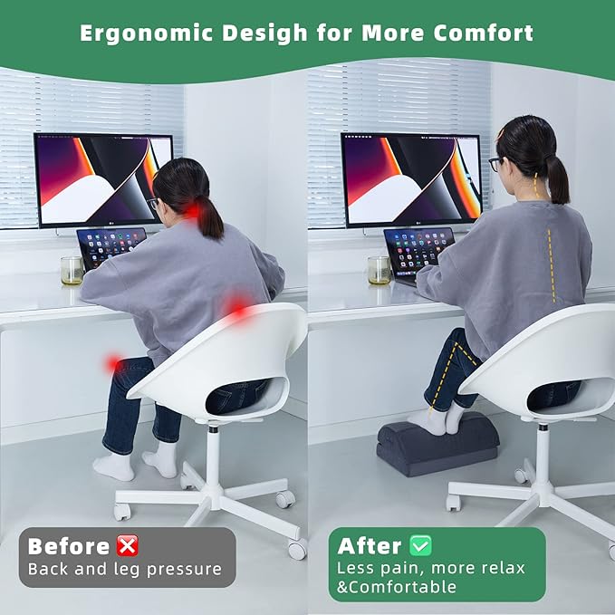 Office Foot Rest Under Desk, Adjustable Height Ergonomic Foot Stool for Comfort and Circulation, Memory Foam Footrest for Home and Work, Grey