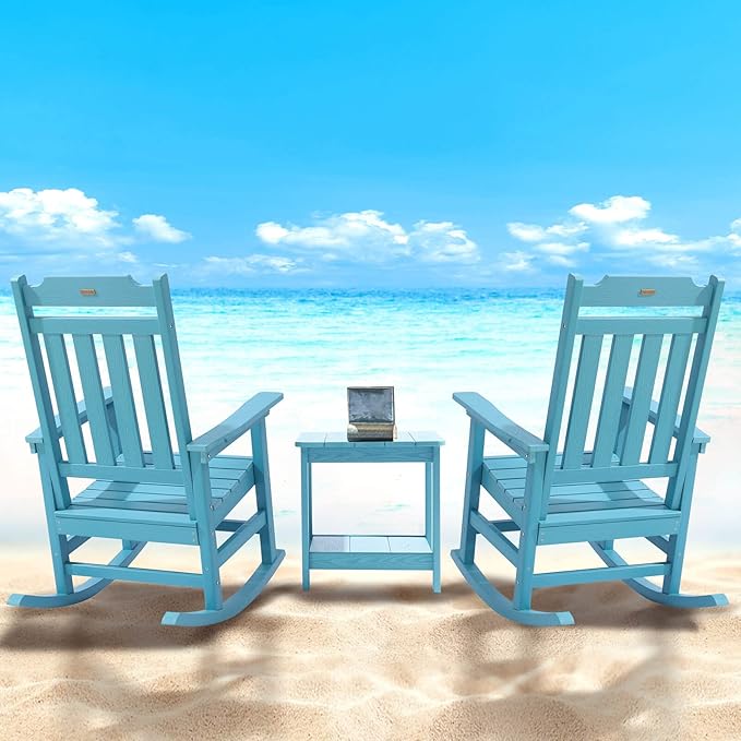 hOmeQomi Rocking Chairs Set of 4, All Weather Resistant Poly Lumber Outdoor Porch Rocker, Rocking Chairs for Outdoor, Indoor, Patio, Deck, Garden, Backyard, Load Bearing 380 lbs - Lake Blue