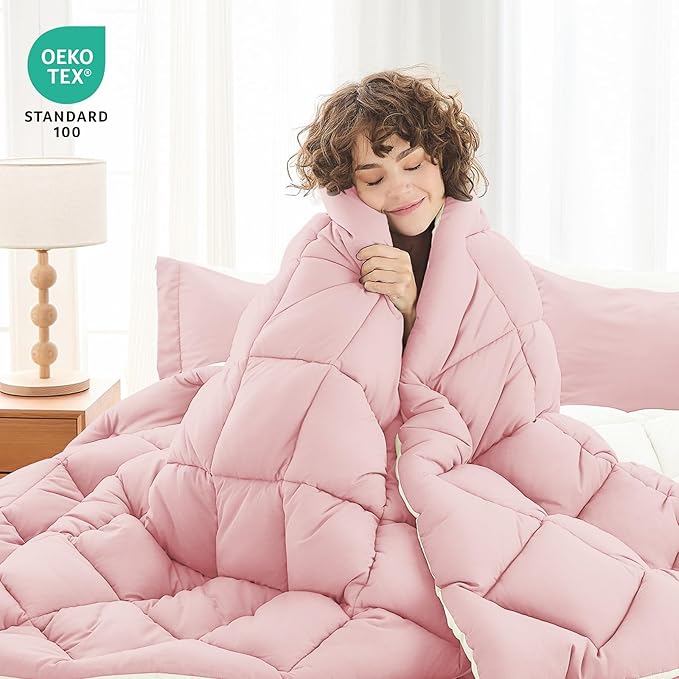 MUXHOMO 7 Pieces Full Comforter Set, Reversible Bed in a Bag Full Size, All Season Bedding Set with Comforter, Flat Sheet, Fitted Sheet, Pillowcases & Shams, Light Pink & Ivory