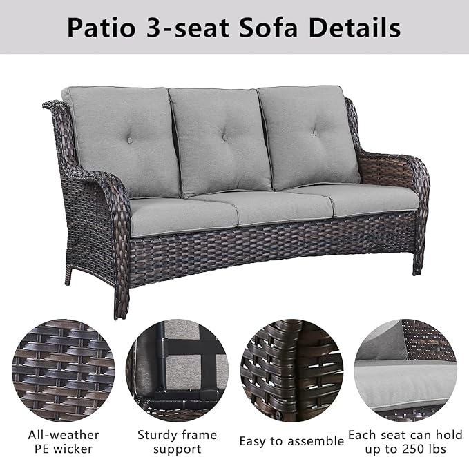 Belord Wicker Patio Furniture Sets - 13 Piece Outdoor Rattan Furniture Conversation Sets with 4 Swivel Rocker Chairs, 2 Rattan Sofas, Wicker Ottomans and Coffee Table, Brown/Grey