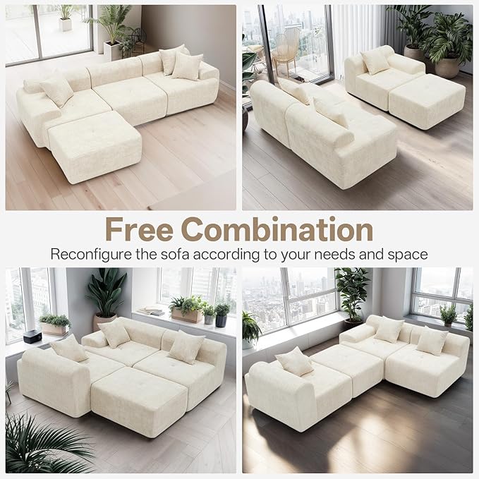 119’’ Modular Sectional Sofa Couch with Chaise, Deep Seat Cloud Couch for Living Room, Modern Chenille Upholstered Sectional with Throw Pillows, Compression Modular Sofa for Apartment Bedroom, Beige