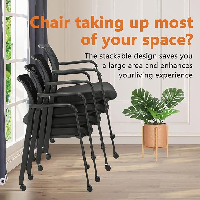 CLATINA Rolling Conference Chairs, 4 Pack Stackable with Wheels and Paddle, Ergonomic Mesh Back and Arms for Meeting, Training Room & Home Office (Black)