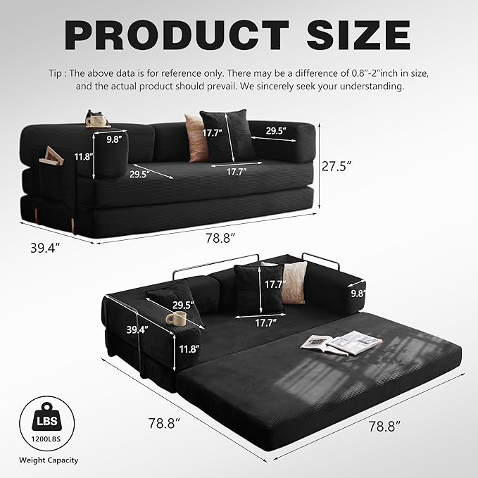 LIAROO 78.8" Convertible Sofa Bed - Compression Sofa with Corduroy Fabric - with Armrests and Backrest - Modular Sectional for Living Room, Bedroom, Studio - Compression Sofa in Box (Black)
