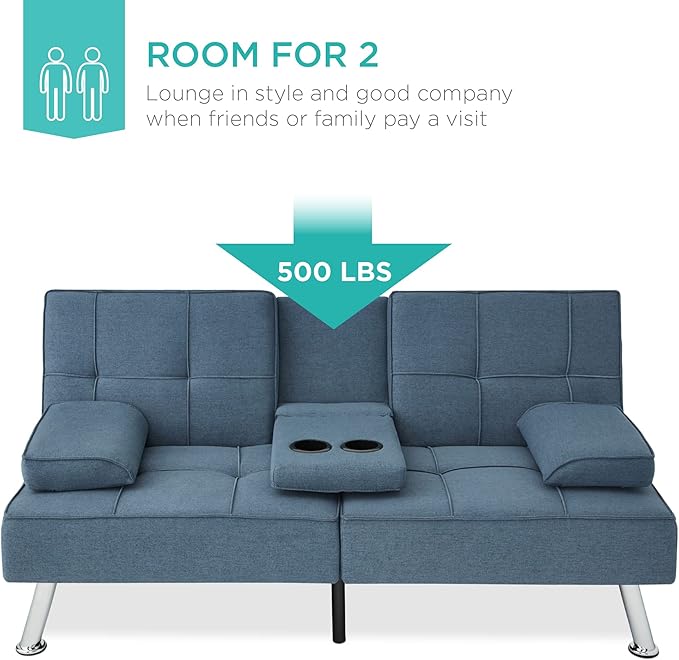 Best Choice Products Linen Modern Folding Futon, Reclining Sofa Bed for Apartment, Dorm w/Removable Armrests, 2 Cupholders - Blue