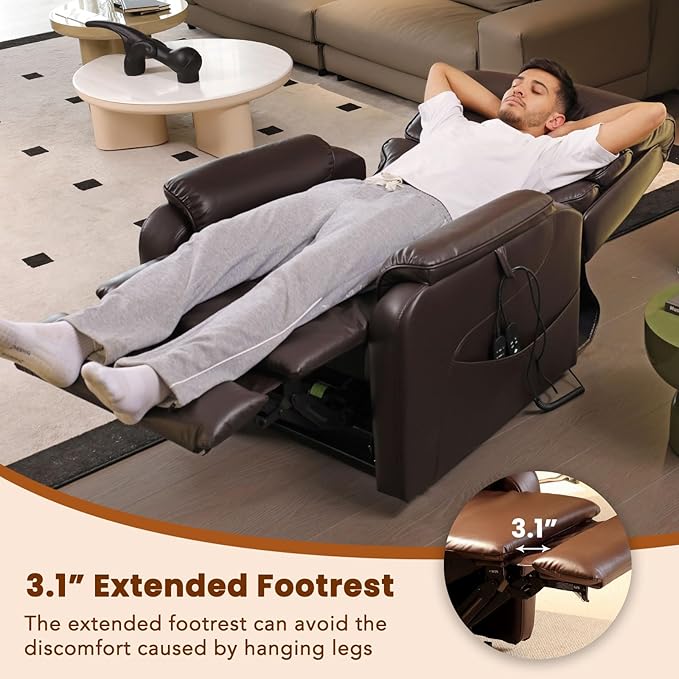 EONIX Wide Lay Flat Power Lift Recliner Chair for Elderly, Oversized Breathable Leather Electric Lift Chairs, 400lbs Heavy Duty Power Recliner with Heat and Massage, SLRY004063, Dark Brown