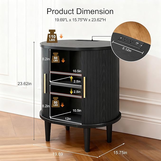 DHH Mid Century Modern Nightstand with Charging Station, Fluted Accent Side Table with Sliding Door & Adjustable Shelf, End Table for Small Space, Living Room, Bedroom,Sofa Couch (1, Black)