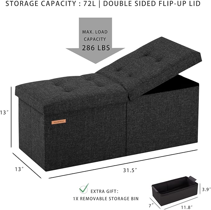 HAUSFRAU 31.5 Inches Ottoman with Storage Bench, Folding Ottoman Bench Small Foot Rest Stool, Bedroom Bench with Flipping Lid, Linen Nude