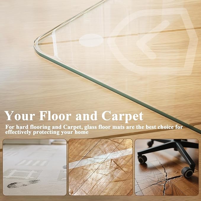 VETROUVE Tempered Glass Floor Mat 36" x 46" Chair Mat for Carpet or Hard Floor with 4 Anti-Slip Pads, 1/5" Thick