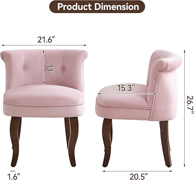 WUTUTUEE Velvet Tufted Vanity Chair with Back, Upholstered Mid Century Vanity Stool with Solid Wood Legs, Small Makeup Chair for Vanity, Accent Chair for Bedroom, Living Room, Pink