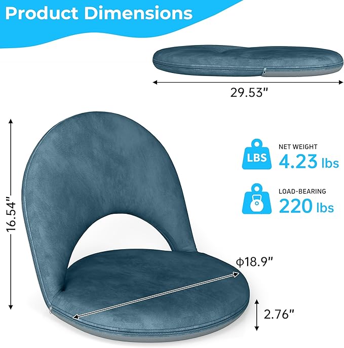 2 Pcs Floor Chair, Meditation Chair, 5-Position Folding Chair with Adjustable Back, Soft Sponge & Velvetean Cover, for Adults and Kids, Indoor Outdoor Use, Meditation, Gaming, Camping, Blue