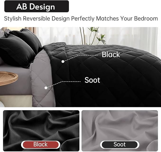 MUXHOMO 7 Pieces King Comforter Set, Reversible Bed in a Bag King Size, All Season Bedding Set with Comforter, Flat Sheet, Fitted Sheet, Pillowcases & Shams, Black & Soot