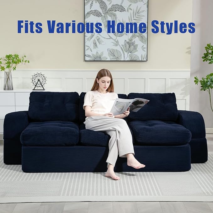 MeMoreCool Convertible Floor Sofa Couch – 3-Seater Sleeper with Tufted Cushions, Navy Corduroy Modular Foam | Cloud Couch for Living Room & Bedroom | No Assembly | Soft Ergonomic Support