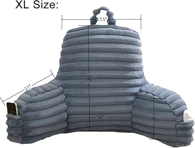 WERDIM Reading Pillow for Sitting in Bed, Faux Fur Back Pillow for Rest, Bed Chair Pillow with Arms and Pockets(XLarge, Dusty Blue)