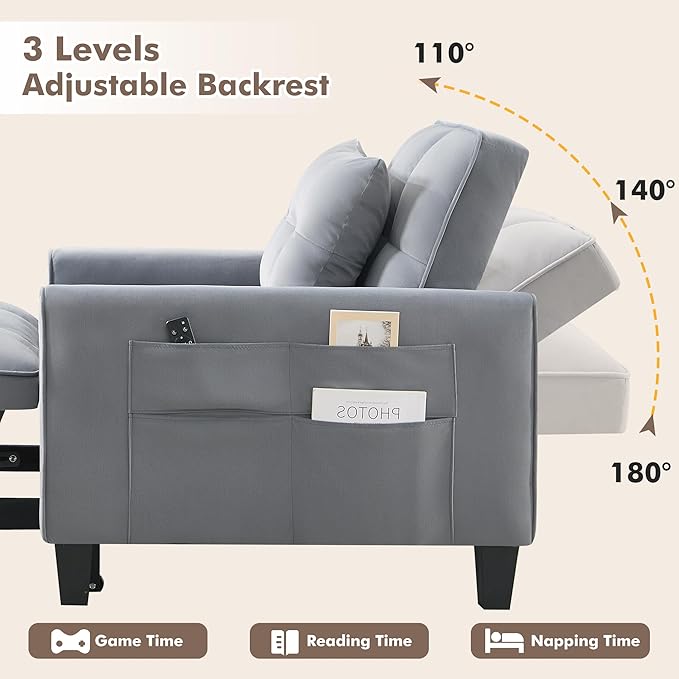 choairy Convertible Sleeper Chair, 3 in 1 Sleeper Chair Bed Pull Out Sofa Bed Chairs, Velvet Single Sofa Beds with Adjustable Backrest for Adults Reading Living Room, Bedroom, Dark Grey