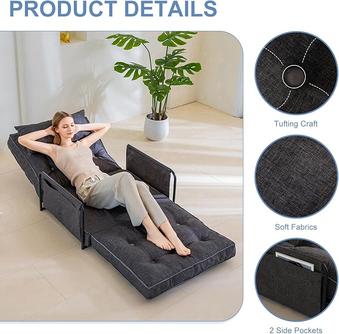 YOSHOOT Adjustable Lazy Floor Sofa, Folding Couch Bed with 5 Positions Adjustable Backrest, Convertible Bean Bag Sofa Bed Couch Foldable Sleeper Chair with Pillow for Reading Gaming（Grey, Single）
