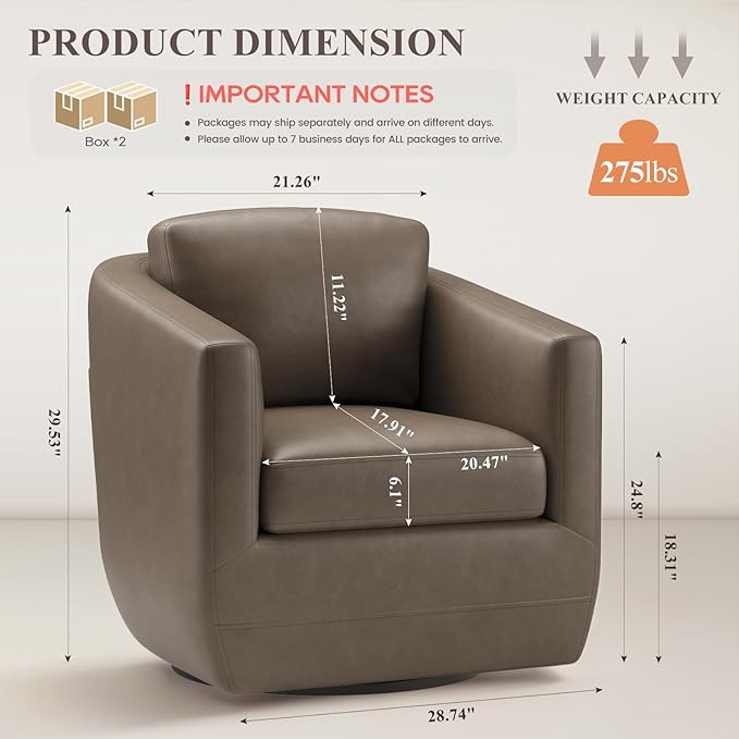 MALOL 360° Swivel Accent Chair Set of 2 with Pillow - Comfy Living Room Armchair No-Sag Foam & Sturdy Metal Base, Fully Assembled Swivel Accent Single Sofa for Bedroom Living Room, Office, Wolf Grey