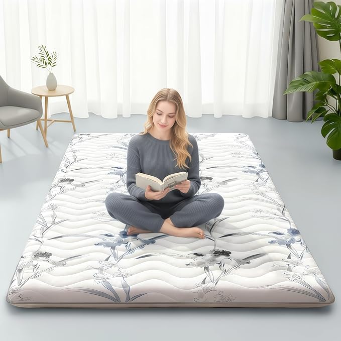 Japanese Floor Mattress, 3.5" Thicken Ink Wash Floral Pattern Portable Futon Mattress, 100% High-Density Foam Tatami Mat Sleeping Pad for Camping Guest Room Dormitory RV, White, Twin