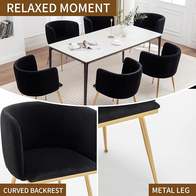 Canxkun Velvet Dining Chairs Set of 4, Barrel Dining Chairs with Gold Metal Legs, Modern Upholstered Dining Room Chair for Dining Room, Kitchen, Vanity (Black)