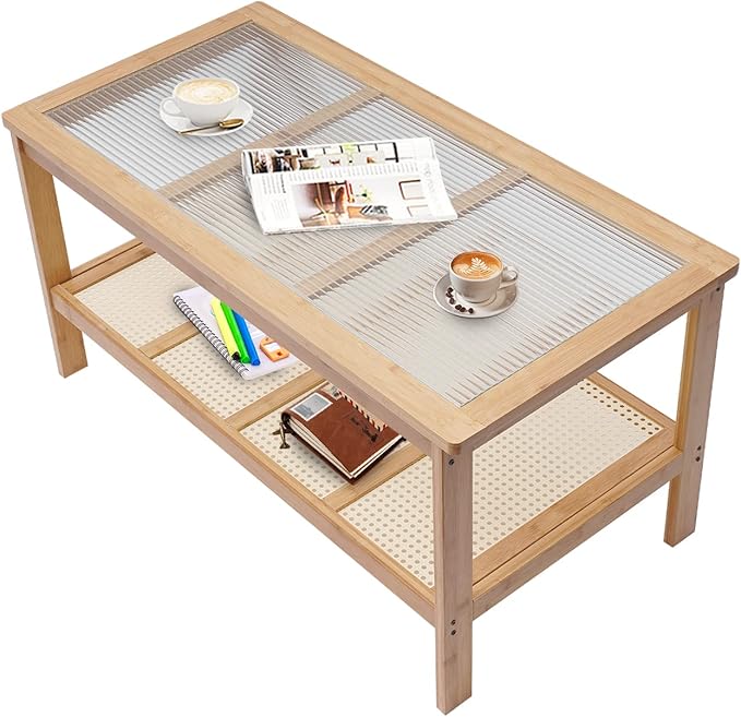 2 Tier Pedestal Coffee Table Glass Top Coffee Table Sofa Tables with Open Storage Living Room Furniture, Double Layer Modern Living Room Table Tea Table Low Table for Sitting on The Floor
